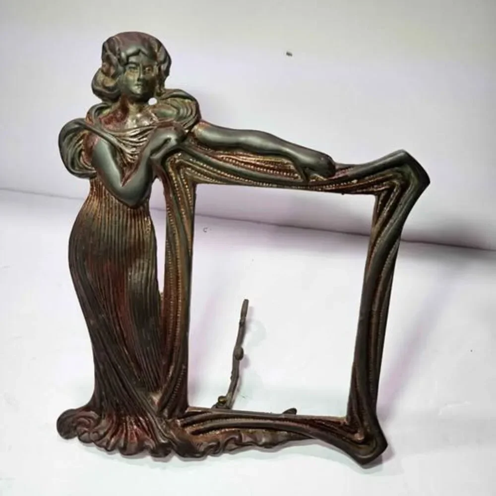Vintage Art Nouveau Lady Figural Metal Photo Frame. Brass & heavy!